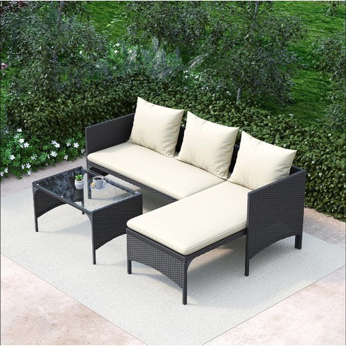 617 - An Essiah synthetic rattan three person garden seating group with cushions and a coffee table RRP £1... 