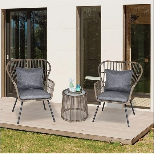 584 - An Aalijah round two person 49cm long bistro set with cushions RRP £369