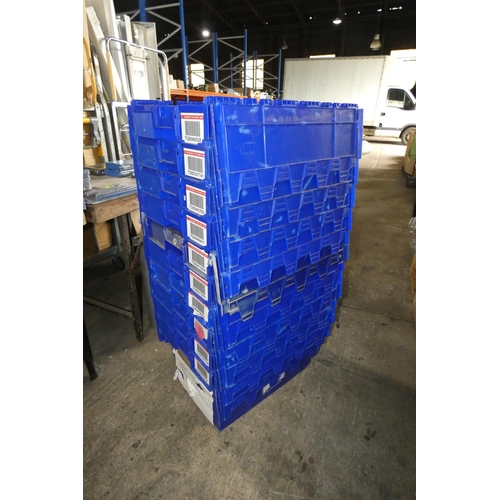 5077 - 10 x blue stacking crates with folding interlocking lids each approx 60 x 40 x 35cm