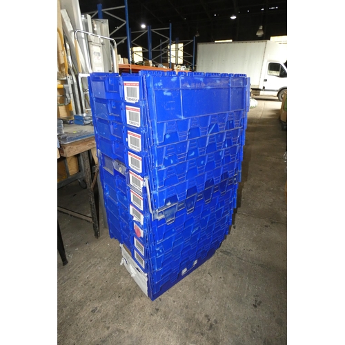 5078 - 10 x blue stacking crates with folding interlocking lids each approx 60 x 40 x 35cm