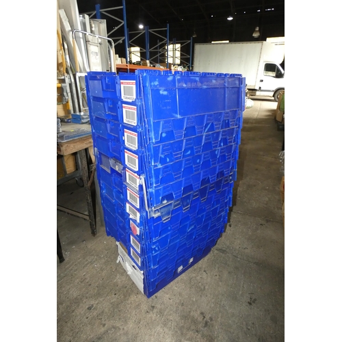 5079 - 10 x blue stacking crates with folding interlocking lids each approx 60 x 40 x 35cm