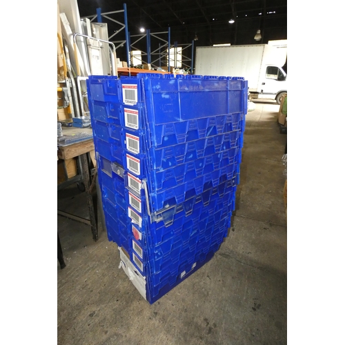 5080 - 10 x blue stacking crates with folding interlocking lids each approx 60 x 40 x 35cm