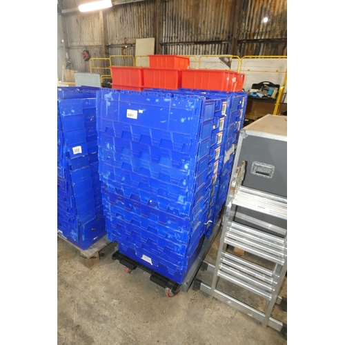 5081 - A wheeled plastic skate containing 20 x blue stacking crates with folding interlocking lids each app... 