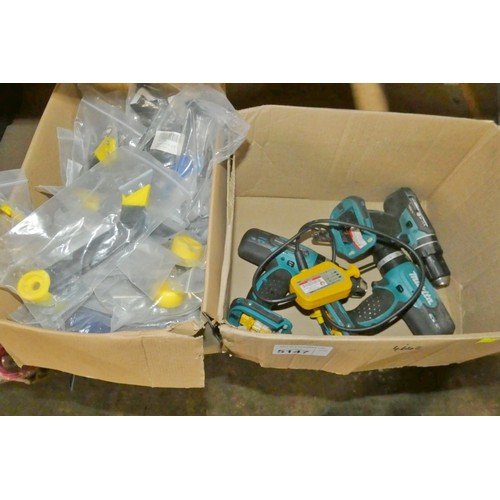 5147 - 3 x Makita cordless drills (no batteries or chargers included), 1 x voltage indicator and a quantity... 