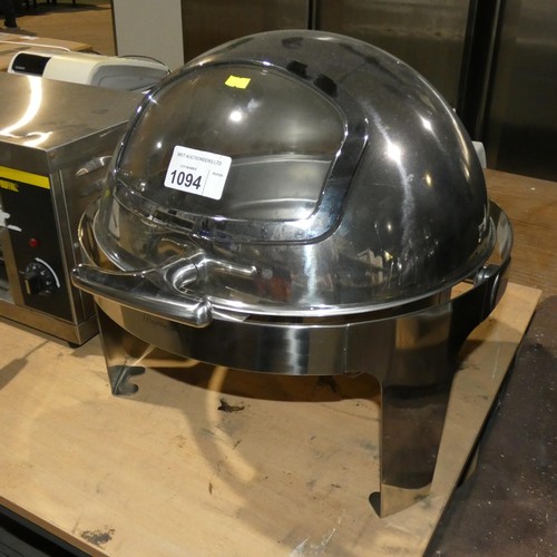 1094 - A commercial stainless steel round chafing dish with sliding glass windowed display lid