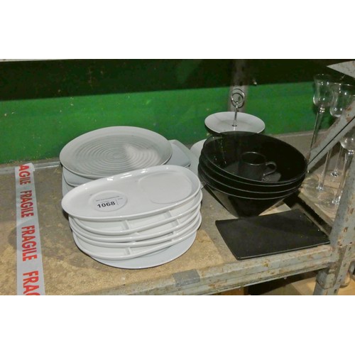 1068 - A quantity of various crockery, vegetable dishes, bowls, cake stand etc, contents of 1/2 a shelf