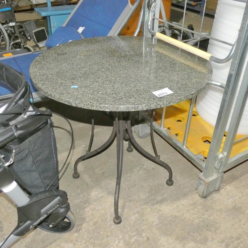 2073 - 1 x garden round table with polished stone top diameter approx 75cm - Please note that the top is lo... 