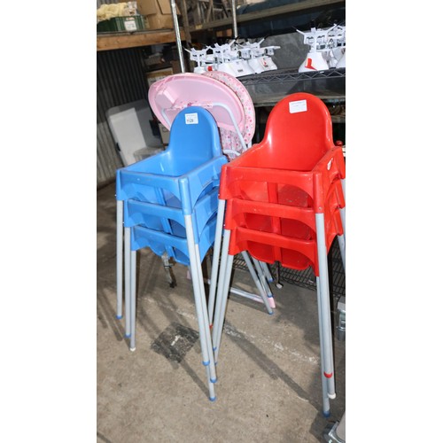 1129 - 7 x children's plastic high chairs 3 red, 3 blue, 1 pink