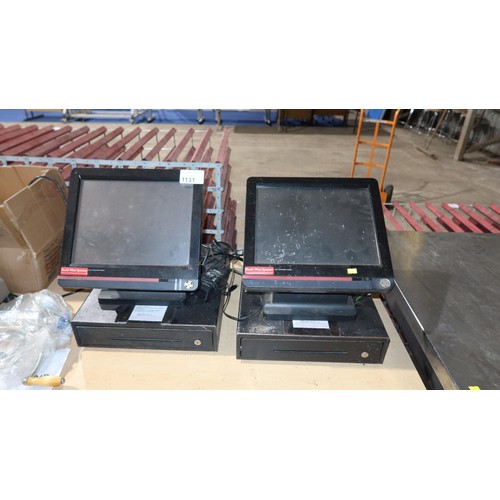 1131 - 2 x Casio POS touch screen till systems, 1 power supply, 2 till drawers - trade. Tested Working