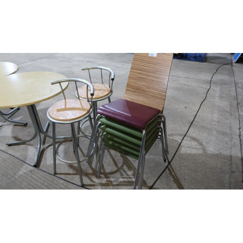 1163 - 6 various upholstered bent wood stacking chairs and 2 non matching metal framed tall stools