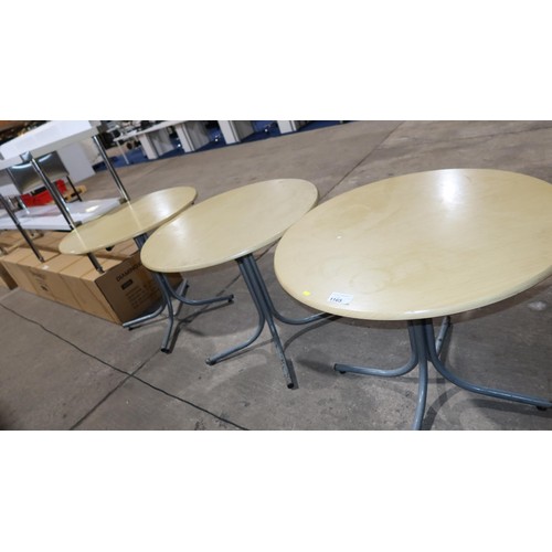 1165 - 3 round cafe type tables with wood effect tops and metal frames