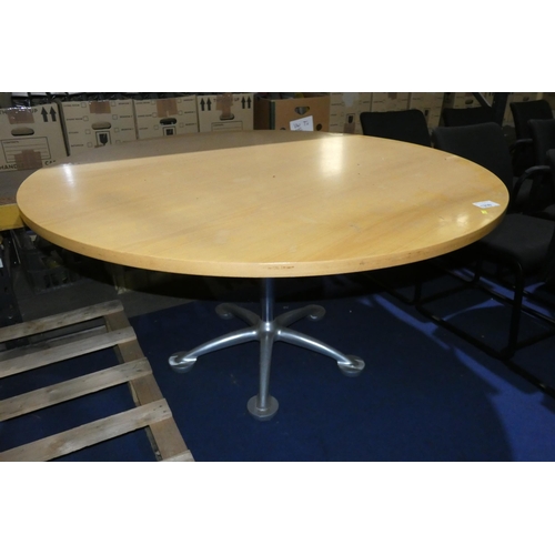 1259 - A large round wood effect table with decorative aluminium metal base approx 150cm