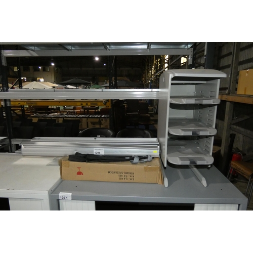 1298 - An executive coat stand type WJD-8185 (requires assembly), 2 x graphics hangers and an in / out tray... 