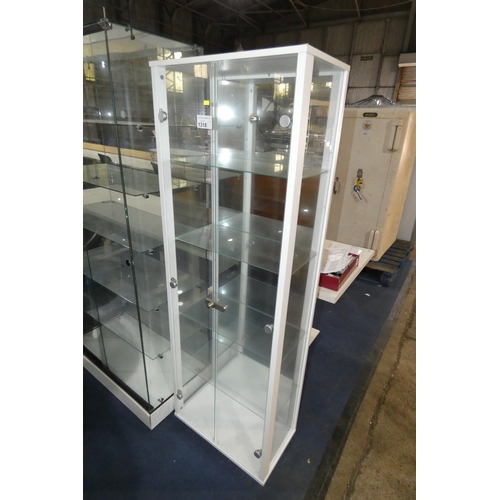 1318 - A white wooden framed glass display cabinet approx 57x33x172cm