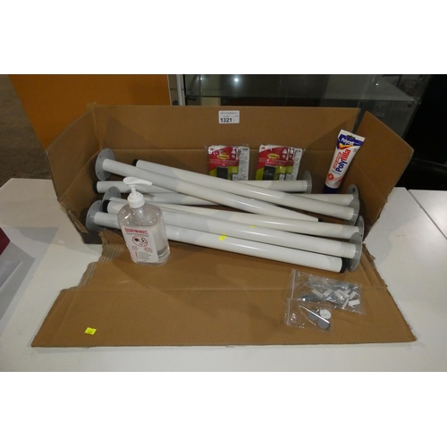 1321 - A box containing 8 x office table legs, picture hanging strips etc