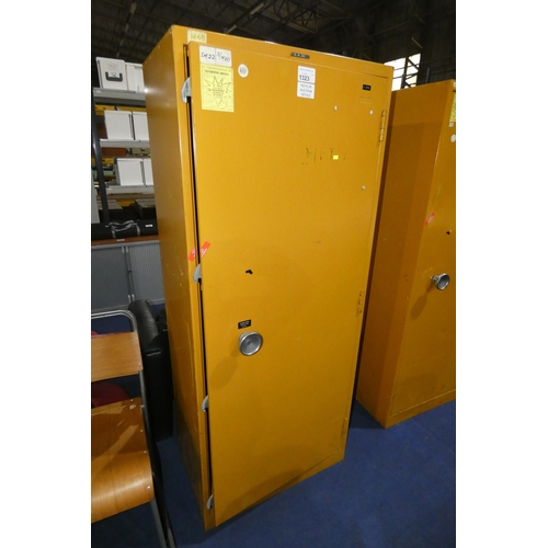 1323 - A single door heavy duty mustard colour metal cabinet, with locks, ideal COSHH cabinets