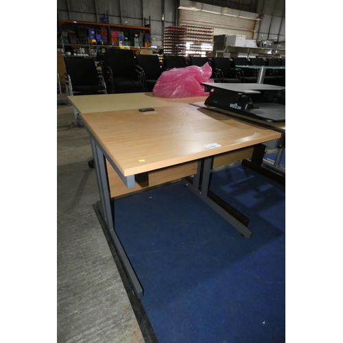 1337 - A metal framed desk with a wood effect top measuring approx 80cm x 80cm