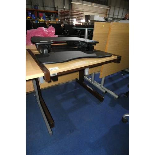 1338 - A metal framed desk with a wood effect top measuring approx 81cm x 81cm