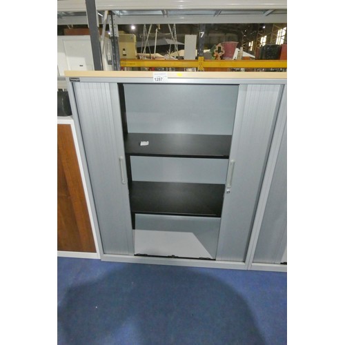 1287 - A grey metal 2 tambour door office cabinet by Triumph approx 100x48x121cm