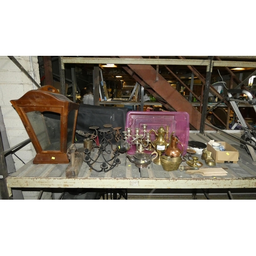 2113 - A quantity of various items including brass / copper ornaments, a small display cabinet (glass broke... 