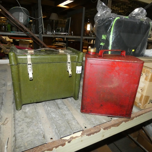 2117 - 1 x vintage Valor red painted metal fuel can and 1 x small green plastic case