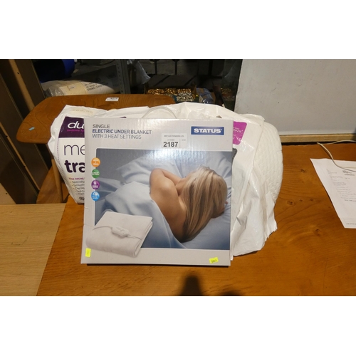 2187 - 1 x Status single size electric under blanket 240v (boxed) and 1 x portable single size memory foam ... 