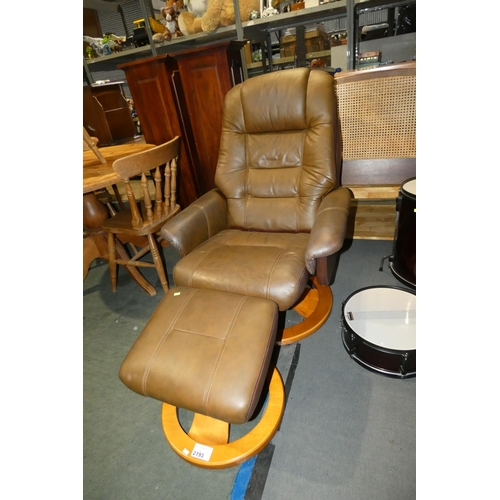 2193 - 1 x brown upholstered reclining swivelling lounge chair with 1 x matching foot stool