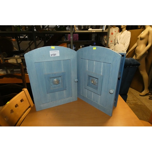 2197 - 2 x small blue painted wooden wall cabinets each approx 35 x 14 x 48cm high