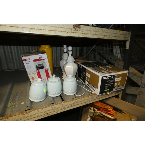 2201 - 1 x Judge pop corn maker, 3 x kitchen storage jars, I x yellow vase, 2 x table lamps 240v (no shades... 