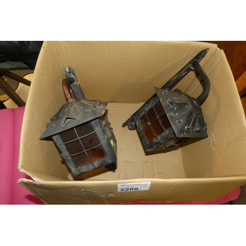 2208 - 2 x metal wall lanterns 240v - Please note that the cables have been cut off and these lanterns will... 