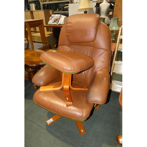 2223 - 1 x brown upholstered reclining swivelling lounge chair with a matching foot stool - Please note tha... 