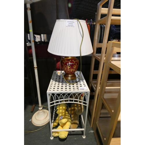 2246 - 1 x small metal table, 1 x table lamp with shade 240v and 2 x Teddy bears (Trade) Tested working