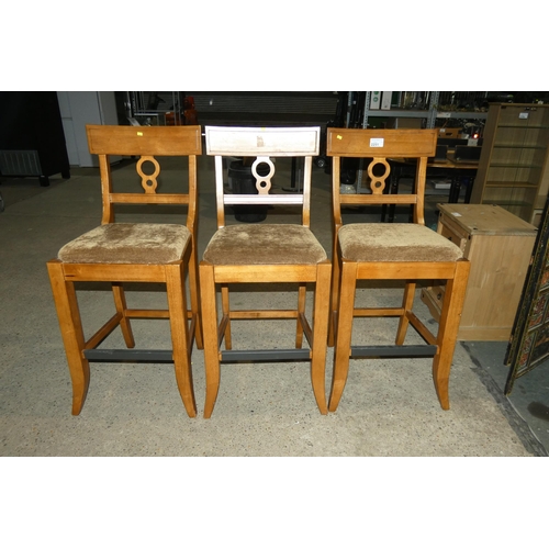 2251 - 3 x wood framed stools with brown upholstered seat pads