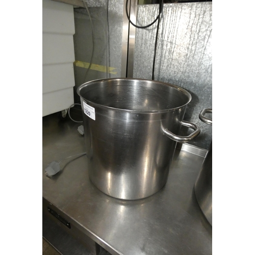 1220 - A commercial stainless steel large deep cooking pot, no lid, approx 38cm & 2 gravy sieves