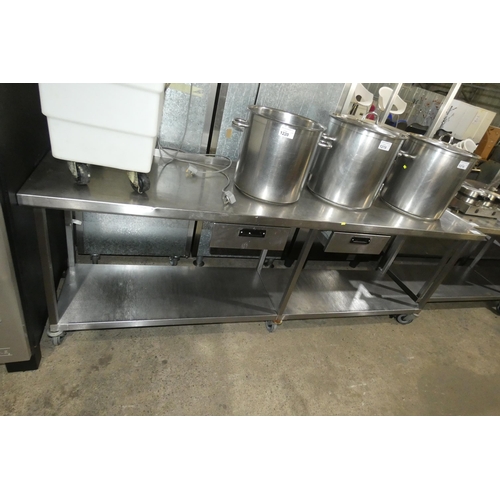 1222 - A commercial stainless steel catering type table with shelf and 2 drawers beneath, approx 240x60cm