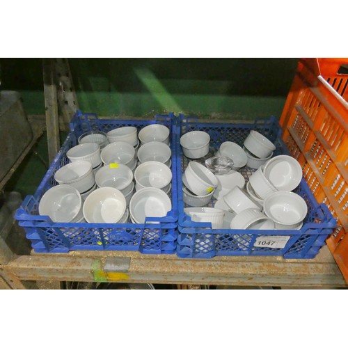 1047 - A quantity of small white ramekins, contents of 2 crates, crates not included