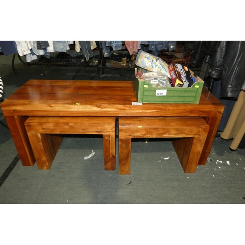 2259 - A set of three solid wood tables comprising 1 at approx 140 x 45 x 52cm high and 2 at approx 57 x 46... 