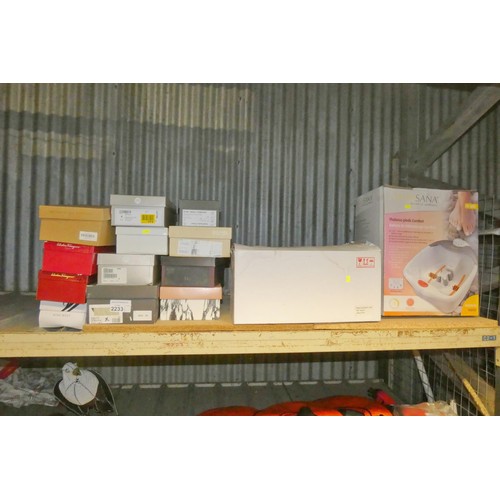 2233 - A quantity of various pairs of ladies shoes, a Medisana foot spa 240v and a Kenley 3 jar sprouting k... 