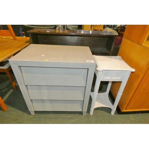 2243 - 1 x grey chest of 3 drawers approx 71cm wide and 1 x white bedside table