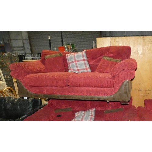 2254 - A deep burgundy cord / brown fabric upholstered three person sofa approx 210cm wide