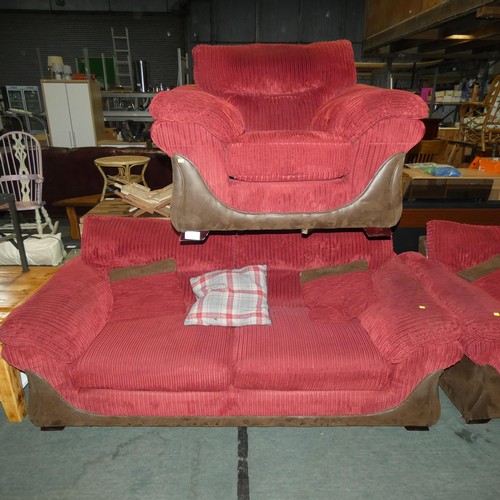 2255 - A deep burgundy cord / brown fabric upholstered three person sofa approx 210cm wide and 1 x matching... 