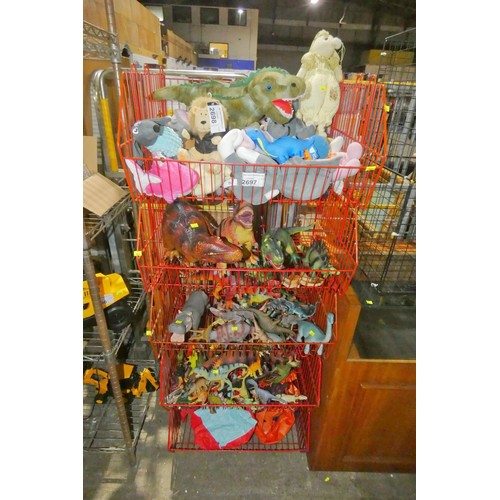 2697 - A quantity of various soft toys and dinosaur action figures, contents of 4 baskets, baskets not incl... 