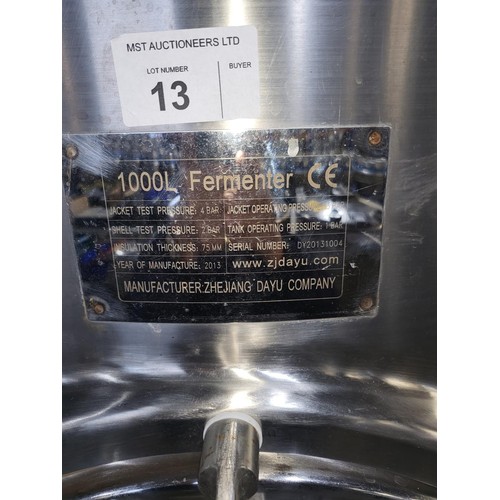 13 - 1 s/s 1000 litre Fermenter Jacketed and insulated, with jacket operation pressure of 3 Bar, Insulati... 