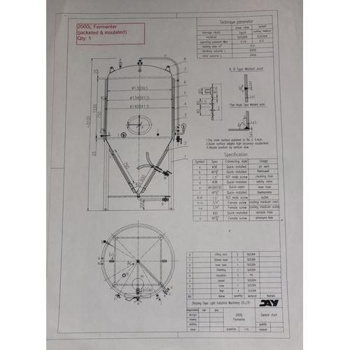 16 - 1 s/s 2000 litre Fermenter, jacketed and insulated, with hose, and inspection port. s/n 20151028, Ma... 