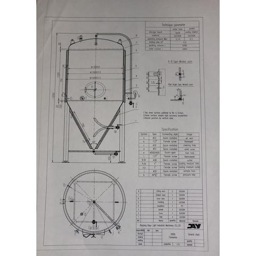 15 - 1 s/s 2000 litre Fermenter , jacketed and insulated, with hose, Plate found, S/N DY20140302, Manufac... 