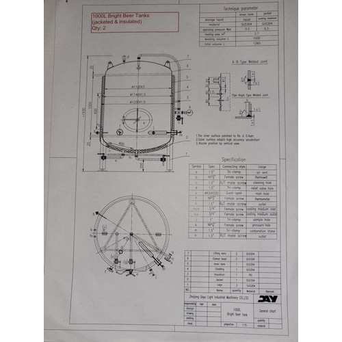 11 - 1 s/s 1000 litre Conditioning tank, or Bright Beer tank,  jacketed and insulated, s/n 20151027, Man.... 