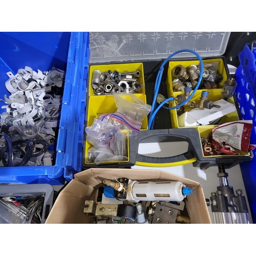 36 - Large quantity (8 boxes) of various plumbing, electrical, pipe, and compressed air fittings. Also se... 