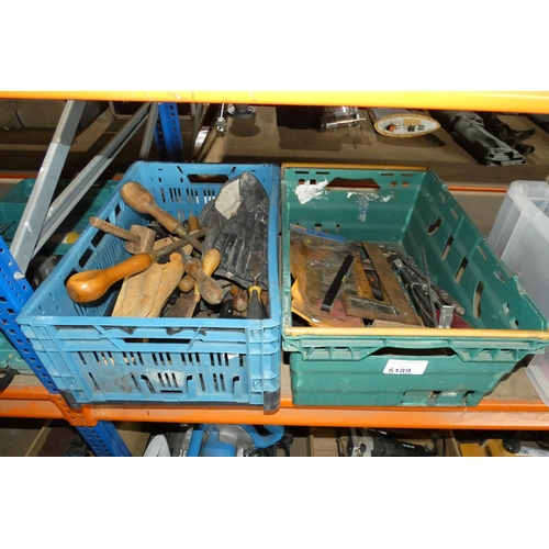 5189 - A quantity of various hand tools including chisels, a saw, set squares etc. Contents of two plastic ... 