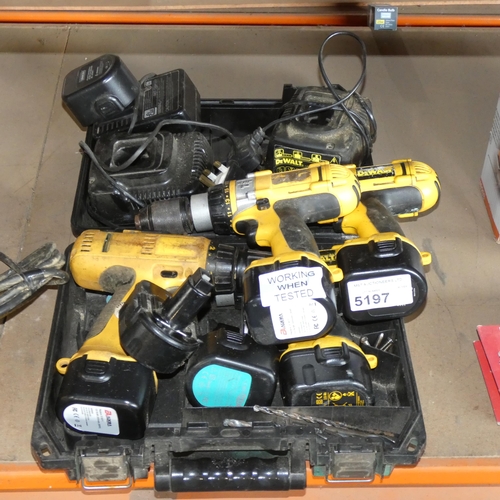 5197 - 4 x various Dewalt cordless drills supplied with 6 x batteries and 3 x chargers