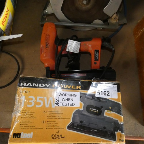 5162 - 1 x Handy Power sander, 1 x Tacwise Master Nail gun and 1 x Stanley hand held circular saw - All are... 